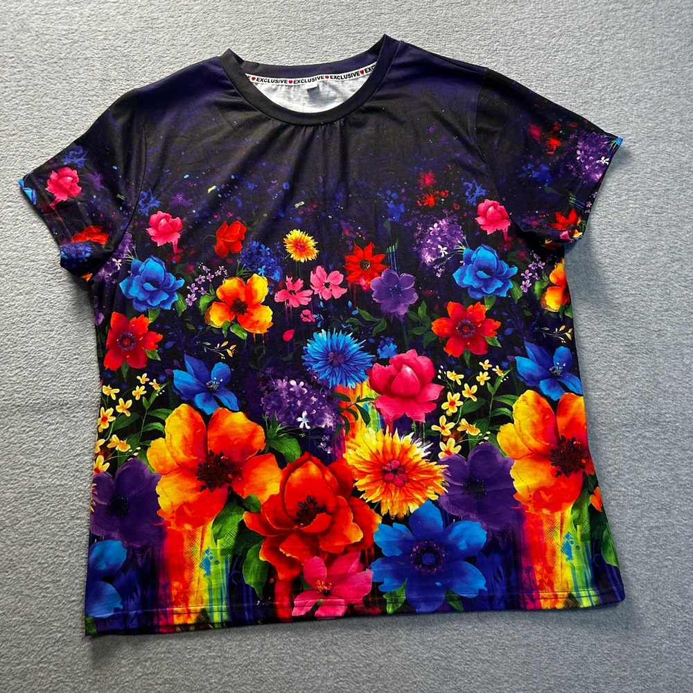 Exclusive Floral Graphic Shirt Womens XXL Bright Colorful Cottagecore Arsty Top